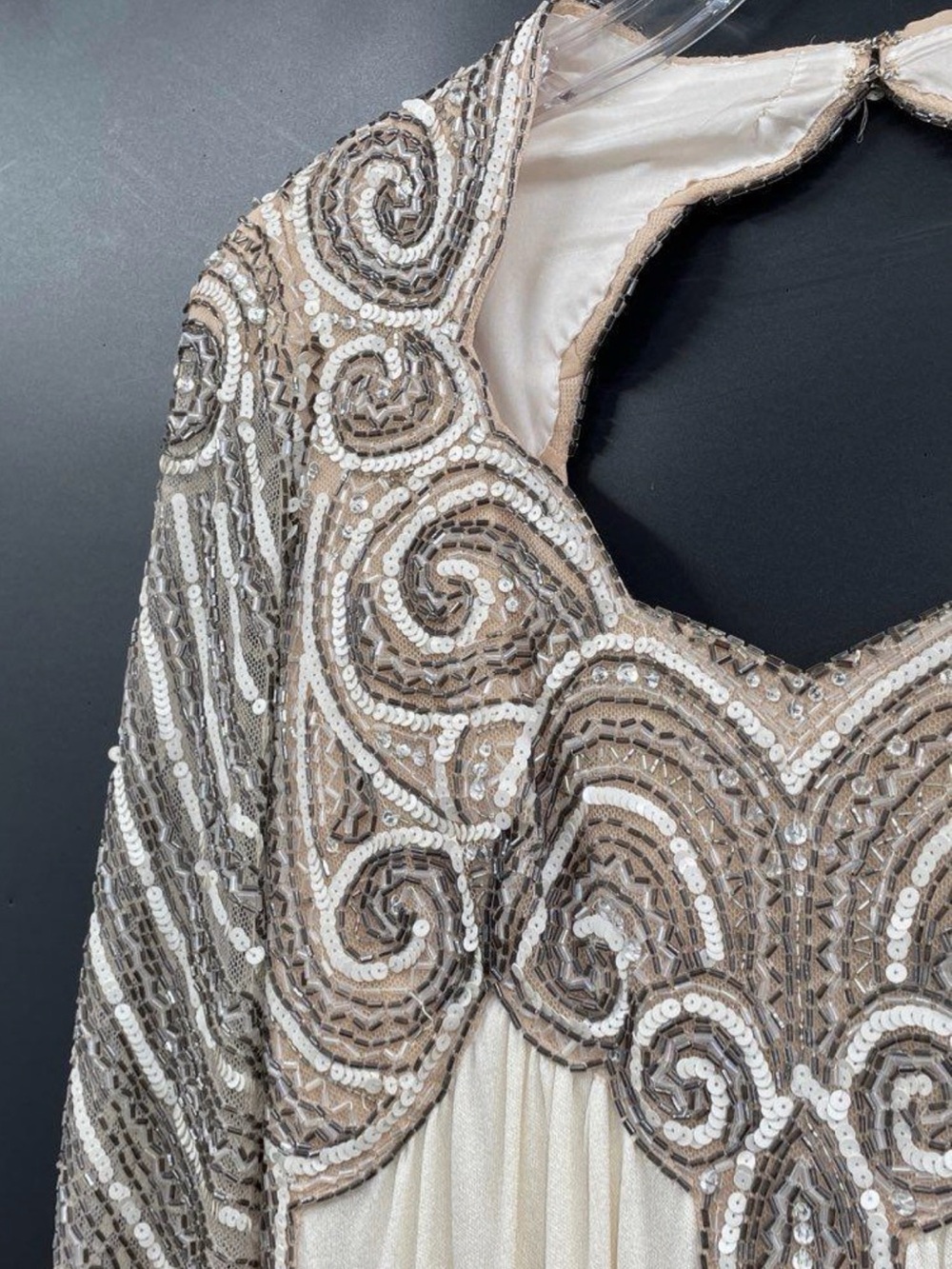 Vintage Ivory Gold Beaded Sequin Maxi Dress Long Sleeve Keyhole Formal Gown - Picture 7 of 11